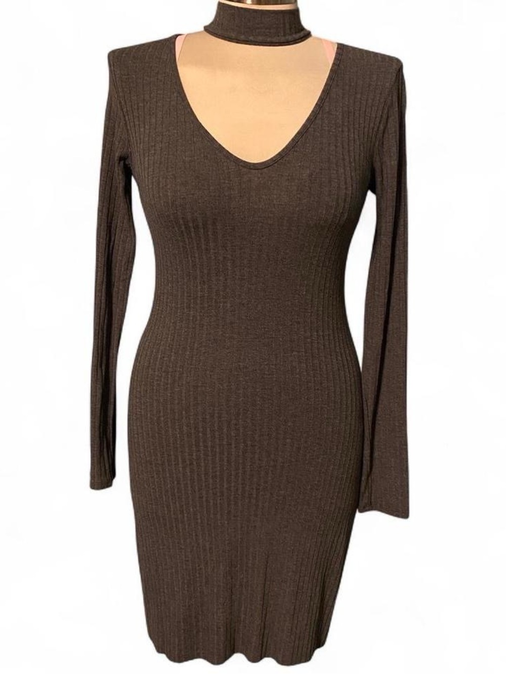 Ribbed Long-Sleeve V-Neck Bodycon MiniDress